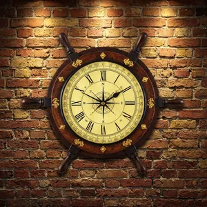 Nautical Wooden Ship Wheel <b>Wall</b> <b>Clock</b> with Compass Design Round Decorative <b>Clock</b> for Home Decor Living Room Bedroom - Product Image 6
