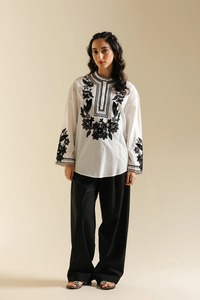 Kurta en coton brodé blanc pour femmes, vêtement traditionnel ample, style ethnique Inde Pakistan, toutes saisons, décontracté - Product Image 1