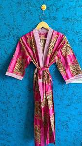 Bata Kimono de Algodón, Bata de Dama de Honor con Estampado de Bloques, Ropa de Dormir de Verano, Talla Única - Product Image 5