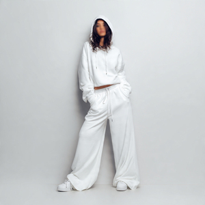 Women's White Eco-Friendly Beaded Tracksuit Solid Color Full Sleeve Hooded <b>Joggers</b> Set Autumn Breathable Casual Regular Fit 100% - Product Image 3