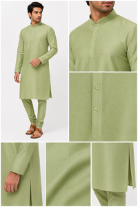Custom Men Olive Dupion Silk Kurta Mandarin Collar Ethnic <b>Top</b> High Quality <b>Indian</b> Festive Party Wear Shirt Bulk - Product Image 4
