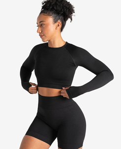 2026 Wholesale Women's Solid Black 2 Piece Yoga Set Breathable Long Sleeve <b>Crop</b> <b>Top</b> Mid Waist Shorts Seamless Low MOQ 180g - Product Image 2