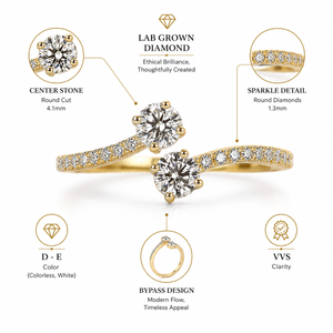 Bague Bypass en Diamant Cultivé en Laboratoire Rond en Or Jaune 10K |   Bague de fiançailles en diamant VVS à sertissage ouvert |   Bijoux élégants pour femmes - Product Image 6