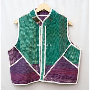 Multicolor Handmade 100% Cotton Kantha Short Vest <b>Jacket</b> <b>Women</b> V-neck Elegant Patchwork Pattern Button Detail <b>Vintage</b> Breathable - Product Image 3