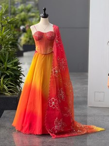 Designer Ombre <b>Red</b> Yellow Floor-Length Quick Dry Lehenga Choli Set with Dupatta Women Party Wear Wedding Festive Ethnic Dress - Product Image 5