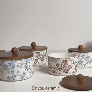 ZF global export French Vermilion Pattern Ceramic Seasoning Storage <b>Jar</b> with Lid for Herb & <b>Spice</b> Organization Wooden Lids Airt - Product Image 3