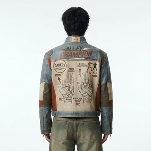 Blouson de motard pour homme en cuir gris chiné, avec motif 'Knuckle Wrap' et graphique d'arts martiaux, thème sportif - Product Image 2