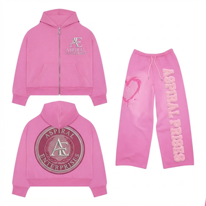 WholeSale 440 Gsm Cotton Eco-Friendly Custom Pink Zip up Hoodie Wide Leg Sweatpants Set <b>Y2K</b> Unisex Streetwear Tracksuit - Product Image 1