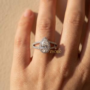 Anillo de compromiso y boda clásico con diamante de laboratorio talla pera, engaste catedral, tallo dividido, claridad VS1, oro macizo de 14K para mujer - Product Image 2