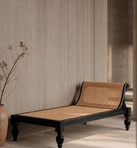 Chaise longue moderne en rotin avec pieds en teck, dossier inclinable, design mid-century, meubles de salon - Product Image 2