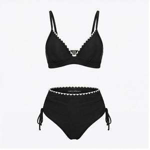 Women's Black 2 Piece Bikini <b>Set</b> <b>Square</b> Neck High Waist Contrast Binding Drawstring Swimwear Print Tummy Control - Product Image 6