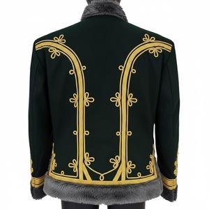 Men's Green PU Double Breasted Embroidered Bomber <b>Jacket</b> Stand Collar Faux Fur Lining Gold Stitching Winter England Style Logo - Product Image 2