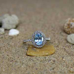 Anillo de compromiso de aguamarina con corte ovalado y halo, piedra de nacimiento de marzo, plata de ley 925, gema azul, anillo de boda para mujer - Product Image 2