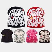 Gorro de Punto Jacquard Rojo de Alta Calidad con Diseño Graffiti Vision, Opciones de Logotipo Personalizado, Gorro de Invierno Acrílico Cálido para Streetwear, Venta al Por Mayor
