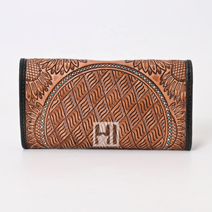 Luxury Vintage Style Women's <b>Genuine</b> Cowhide <b>Leather</b> Trifold <b>Wallet</b> Floral Tassel Custom OEM RFID Long Tooling Carving Features - Product Image 3