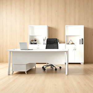Modern White Executive Office <b>Desk</b> with Side Storage <b>Cabinet</b> for Home & Commercial Workspace Contemporary White Executive Office - Product Image 3