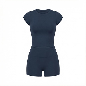 Women's <b>Navy</b> Blue Seamless Yoga Romper Short Sleeve Crew Neck High Waist Solid Color Activewear Set - Product Image 1