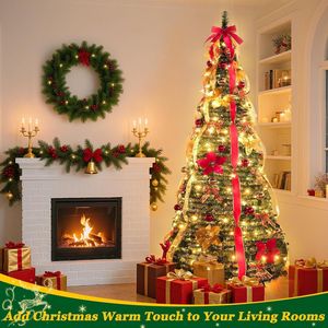 6 Ft Pre-Decorated Pop up Christmas Tree 200 Warm White LED <b>Lights</b> 8 Modes Timer for UL Plug-in 1 Minute <b>Pull</b> Collar - Product Image 1