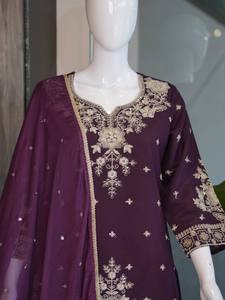 Premium Roman Silk Embroidered Top With Palazzo And Nazmeen Sequence Dupatta Ethnic Wear Set For Women Fashion - Product Image 2