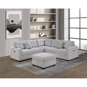 Set Divano Sezionale 4 Pezzi per Soggiorno, Stile Casual Semplice, Trapuntato, Rivestimento in Tessuto Color Osso, con Divanetto a Una Piazza e Mezza e Divano a Cuneo - Product Image 1