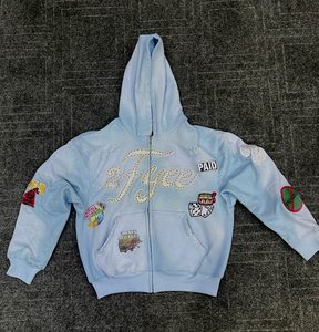 High Quality <b>Men's</b> <b>Red</b> Hooded <b>Sweatshirt</b> Oversized Streetwear Puff Printed Logo Front Pocket Design Rhinestones Zipper Hoodie - Product Image 6