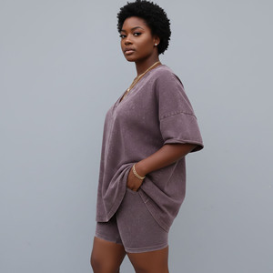 Conjunto de 2 piezas de ropa urbana para mujer, hecho a medida, de la mejor calidad, informal, de manga corta, 100% algodón, estilo holgado y lavado. - Product Image 3