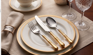 Juego de cubiertos de acero inoxidable Bamboo Gold con mangos dorados, pulido espejo, resistente al óxido, artículo de lujo para bodas, hoteles y resorts. - Product Image 6
