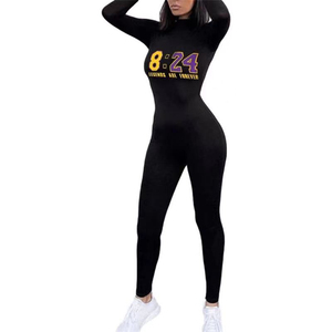 Combinaison noire à col roulé pour femme, longueur intégrale, avec imprimé 8-24, vêtement décontracté, en spandex et polyester, tricotée, ensemble une pièce - Product Image 1