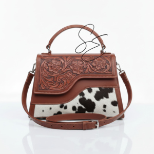 Bolso de mano de cuero genuino con grabado occidental para mujer, bandolera de piel de vaca Hairon, cartera de cuero floral hecha a mano con asa superior - Product Image 2