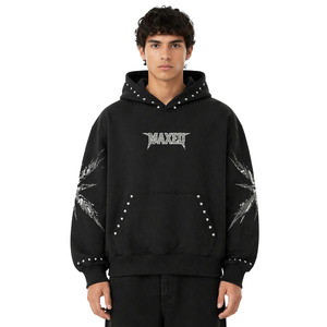 Custom DTG Print Graphic Hoodies Rivet <b>Studs</b> Rhinestone 100% Cotton Heavyweight Boxy Fit Pullover OEM Factory Fleece Streetwear - Product Image 1
