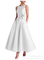Robe longue élégante vintage naturelle sans manches pour femme, coupe trapèze, avec fleurs 3D à la taille, idéale pour les soirées, personnalisable