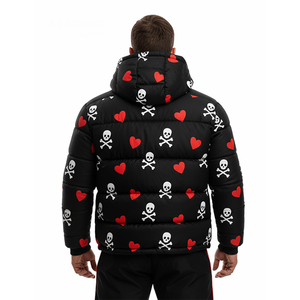 Chaqueta Acolchada Negra para Hombre con Estampado de Calavera y Corazón, con Capucha, Estilo Urbano, para Invierno, Ajuste Musculoso, OEM, Cremallera Personalizada, 300 Gramos, Impermeable - Product Image 5