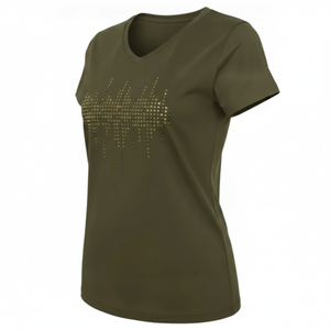 Camiseta Verde Oliva con Cuello en V para Mujer, con Diseño de Ondas Sonoras con Pedrería Dorada - Camiseta Casual de Verano de Manga Corta y Corte Ajustado - Product Image 2