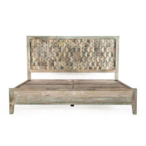 Lit plateforme king size en bois de manguier massif rustique avec tête de lit récupérée, meubles de chambre à coucher géométriques faits à la main - Product Image 1