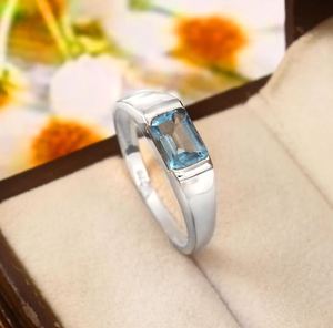 Blue Topaz Men's Unisex Engagement <b>Ring</b> 925 Sterling <b>Silver</b> 14k Gold Plated <b>Emerald</b> Cut Bezel Setting Luxury Gemstone - Product Image 1