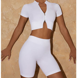 Ensemble de sport une pièce pour yoga, côtelé, avec short taille haute, crop top, fermeture éclair, en Spandex/Nylon, respirant, sans couture, col halter et col en V - Product Image 4
