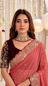 AARA Fashion Elegant Coral Silk <b>Saree</b> Gold Embroidery <b>Maroon</b> Blouse for Wedding Occasion Women Traditional Wear Sun Protection - Product Image 5