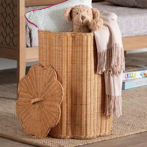 Handmade Rattan Storage <b>Basket</b> With Floral Lid Rattan Kid <b>Hamper</b> Wicker Organizer <b>Basket</b> Nursery Kids Room Playroom Montessori - Product Image 1