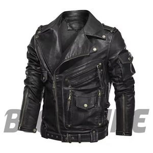 Men's Black PU <b>Leather</b> Moto <b>Jacket</b> Turn-down Collar Zipper Closure Slim Fit Autumn <b>Winter</b> Wear - Product Image 1