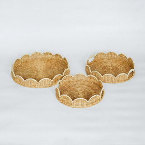 Premium Handcrafted Scalloped Rattan Round Tray Wicker <b>Basket</b> Organizer For Home Tabletop Kitchen Decor Supplies - Product Image 2