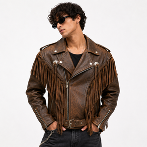 Retro Men's Brown Leather Fringe Biker <b>Jacket</b> With Fringes Turn-down Collar Regular Fit Autumn Style Old Western Classic - Product Image 1