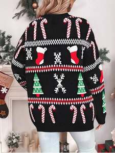 Cárdigan navideño negro para mujer con estampado de calcetines con diseño de árbol de Navidad y bastones de caramelo, suéter con botones y manga larga - Product Image 5