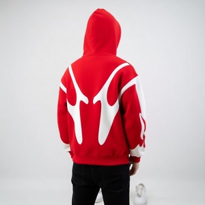 Sweat à capuche unisexe personnalisé rouge et blanc avec motif, en molleton délavé à l'acide, style streetwear, coupe oversize, veste à capuche décontractée et tendance - Product Image 2