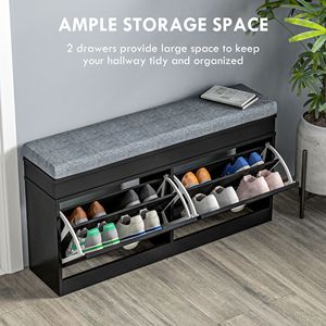 Panca scarpiera stile rustico con 2 cassetti, ottomana imbottita nera per ingresso, capacità 8 paia - Product Image 4