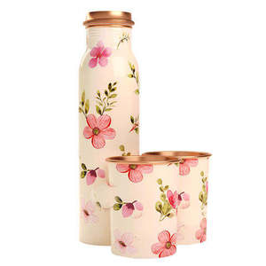 Set Of <b>3</b> Copper <b>Water</b> <b>Bottles</b> Floral Gold Teal Pattern Portable Travel Drinkware with Lids - Product Image 2