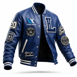 Custom Blue Color Varsity Letterman <b>Jacket</b> <b>Men</b> PU Leather Baseball College <b>Jacket</b> Embroidered Chenille Patch Bomber <b>Jacket</b> OEM - Product Image 1