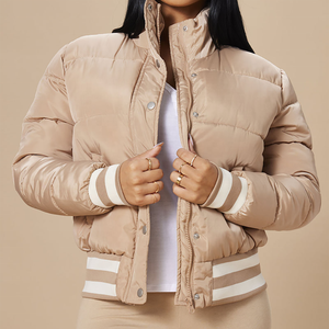 Latest Design Women Beige Quilted Puffer <b>Jacket</b> Contrast Stripes Stand Collar Zipper Full Sleeve Winter Coat <b>Short</b> Bomber <b>Jacket</b> - Product Image 1