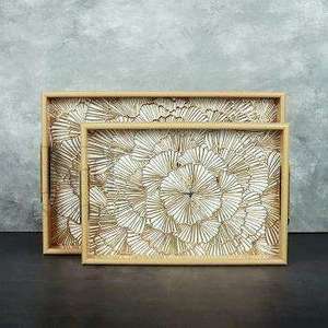 Plateau de service rond avec motif personnalisé, design luxueux, peint à la main, vaisselle et assiettes en bois émaillé, cadeau d'affaires - Product Image 3