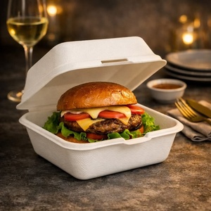 Boîte à hamburger en bagasse de canne à sucre blanc pur avec couvercle à charnière, conteneur alimentaire 6x6 pouces, boîte à clapet, solution d'emballage pour la restauration rapide - Product Image 1