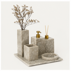Luxury Grey Marble Bathroom Accessories Set Handcrafted Modern Organizer with Liquid <b>Soap</b> Dispenser Tray and Toothbrush <b>Holder</b> - Product Image 1